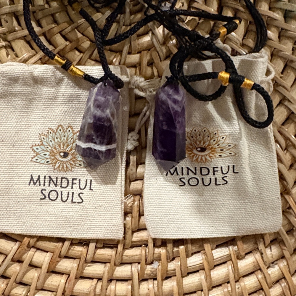 New Mindful Souls Amethyst Crystal Point Pendant Necklace with Pouch